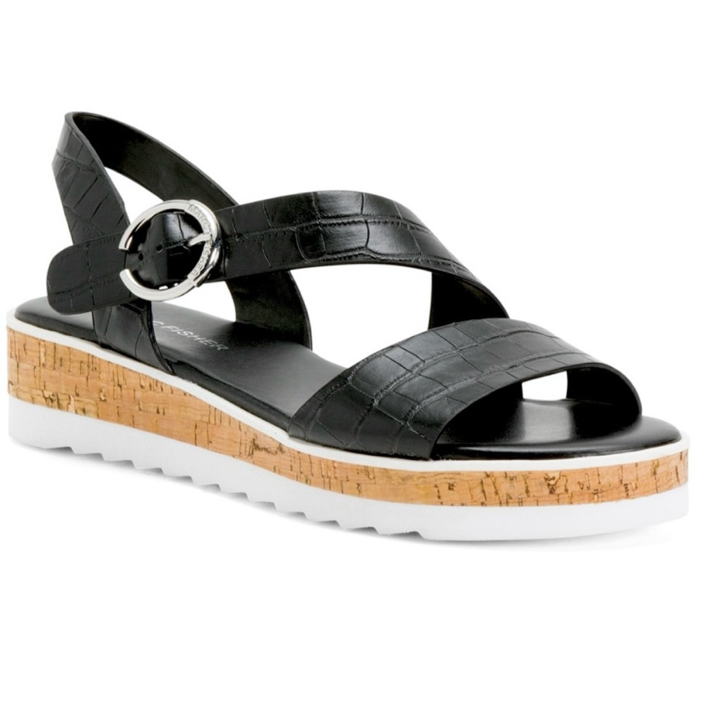 Marc Fisher Croc Embossed Slingback Platform Buckle Sandals Black Size 7